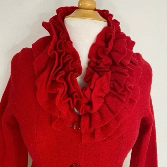 Fever Red Ruffle Collar Button Front 100% Wool Cardigan Sweater Size Small Retro - Picture 5 of 16